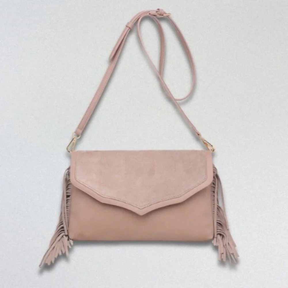 Moda Luxe “Natural Solstice” Taupe Suede & Faux-Leather Fringe Crossbody Bag NWT